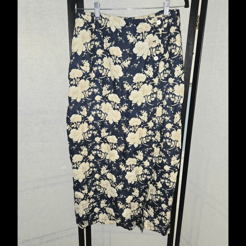 Vintage Navy Cream Floral 100% Linen Midi Wrap Button Skirt Size Medium